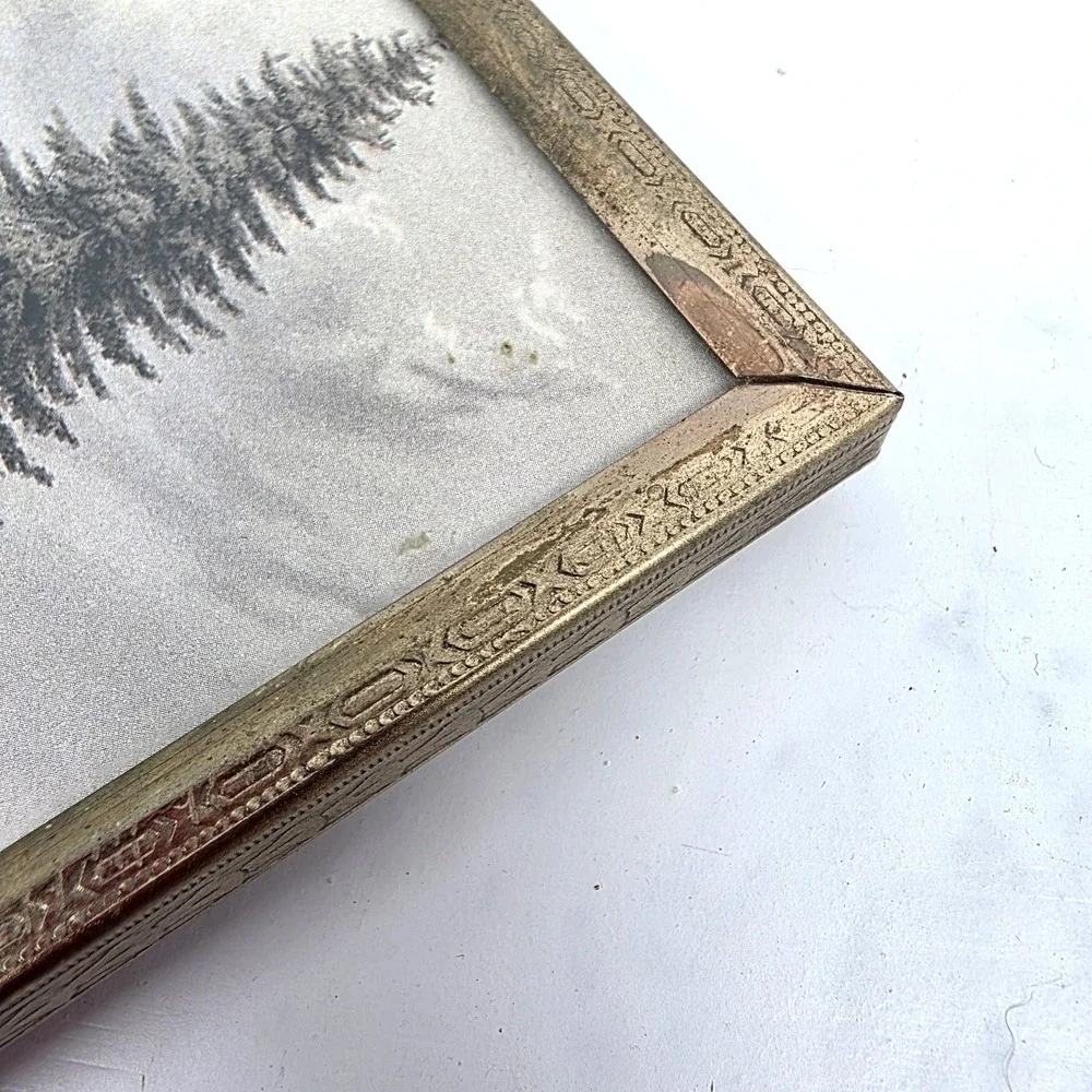 Vintage Brass‎ Embossed Frame Forest Tree Art Print Glass Front 3.75